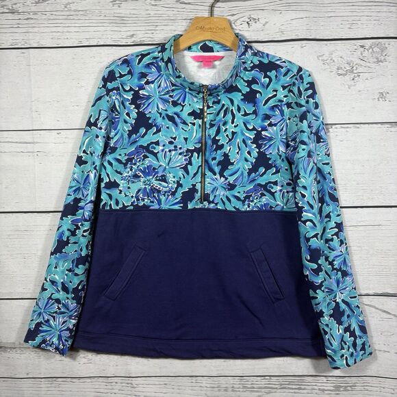 Lilly Pulitzer Women's Medium Half Zip Bright In Too Deep Asher Popover Block - Picture 1 of 8